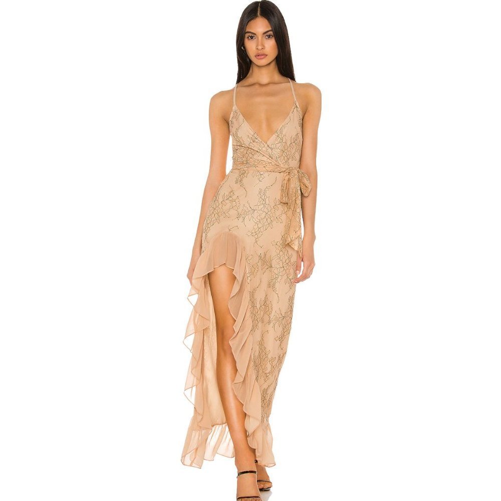 Privacy Please Beige Lace Ruffle Maxi Dress